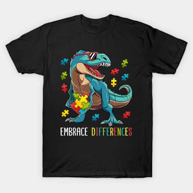 Dinosaur Embrace Differences Autism Awareness Gift Boy Kids T-Shirt by HCMGift